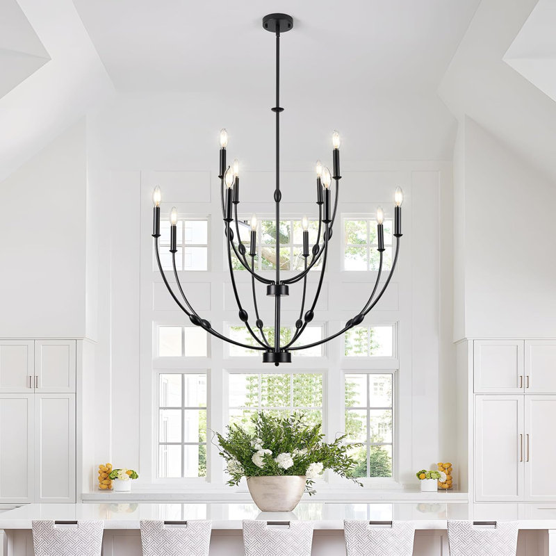 Lustre noir moderne à 12 lumières pour plafonds hauts, luminaire suspendu rustique réglable à deux niveaux pour salle à manger, vestibule, vestibule, couloir, cuisine, salon