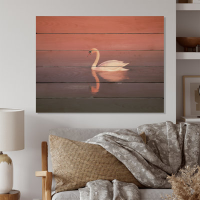 Coral Swan At Dusk - Swans Wood Art On Natural Pine Wood