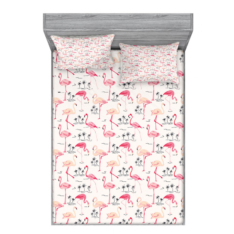 Microfiber Sheet Set, Twin Sheet Set with 1 Pillowcase, Pink/Beige/White Flamingo