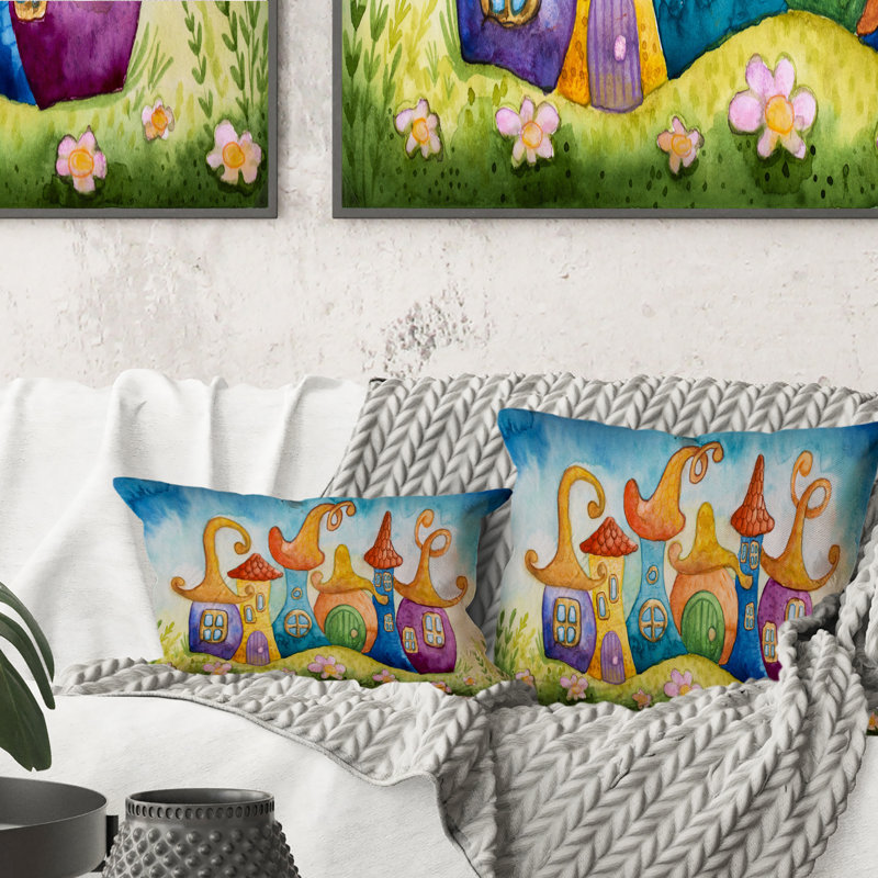Coussin Fairy Tale en bleu et orange - Art imprimé pour enfants, 16 po x 16 po