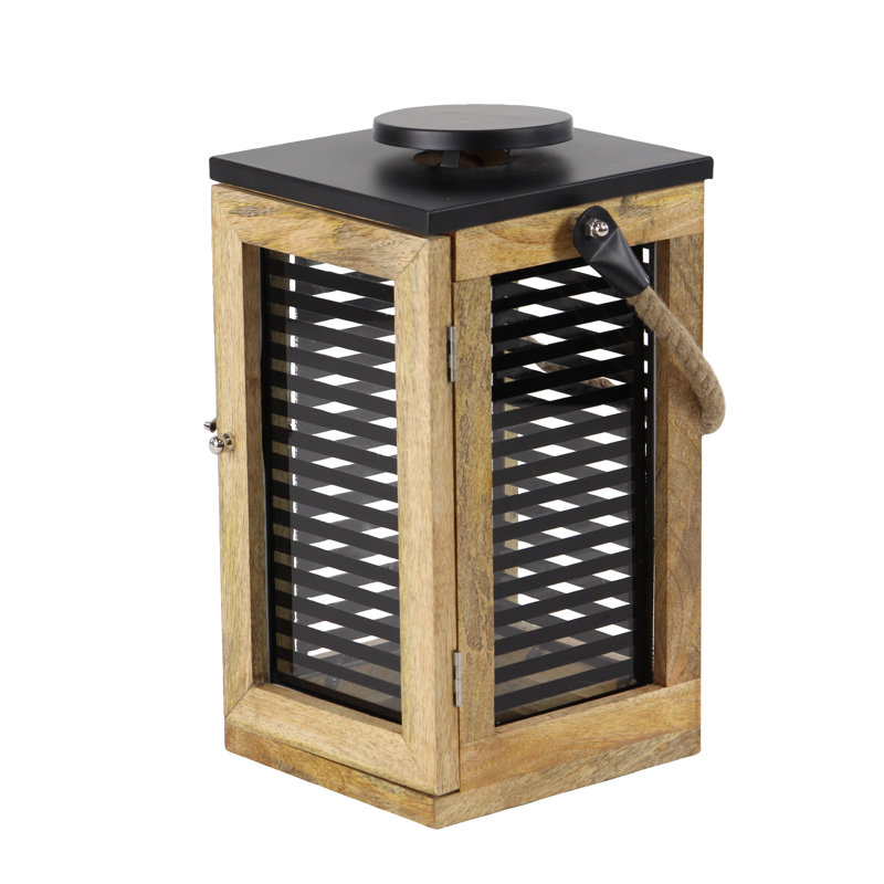15'' Black and Natural Mango Wood Hanging Lantern
