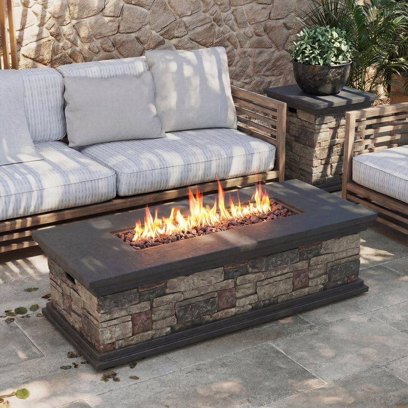 Rectangle Concrete Propane Fire Pit Table, 50,000 BTU Outdoor Gas Firepit with Auto-Ignition, Waterproof Cover for Patio Deck, Imitation Stone, CSA Certified