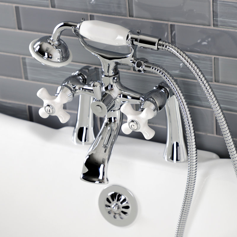 Kingston Brass Kingston Three-Handle 2-Hole Deck Mount Clawfoot Tub Faucet with Hand Shower, Polished Chrome