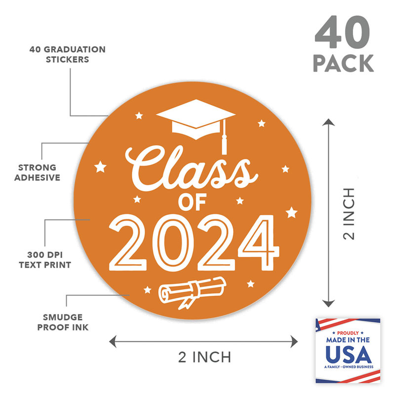 2024 autocollants de graduation, rouge, cadeaux de fête, paquet de 40 en vrac, 2 pouces, Orange