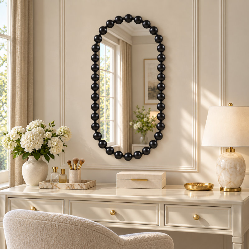 Miroir mural ovale Marlowe en fer doré et perles 18 x 36 po, Noir