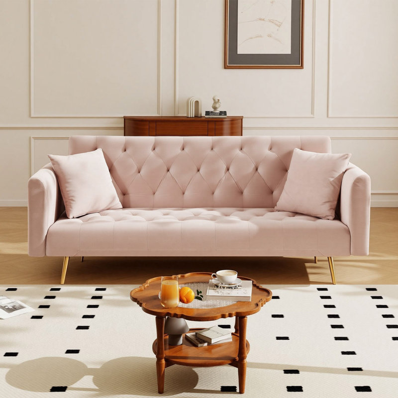 71" Velvet Convertible Loveseat Sofa with Adjustable Backrest & 2 Pillows, Pink