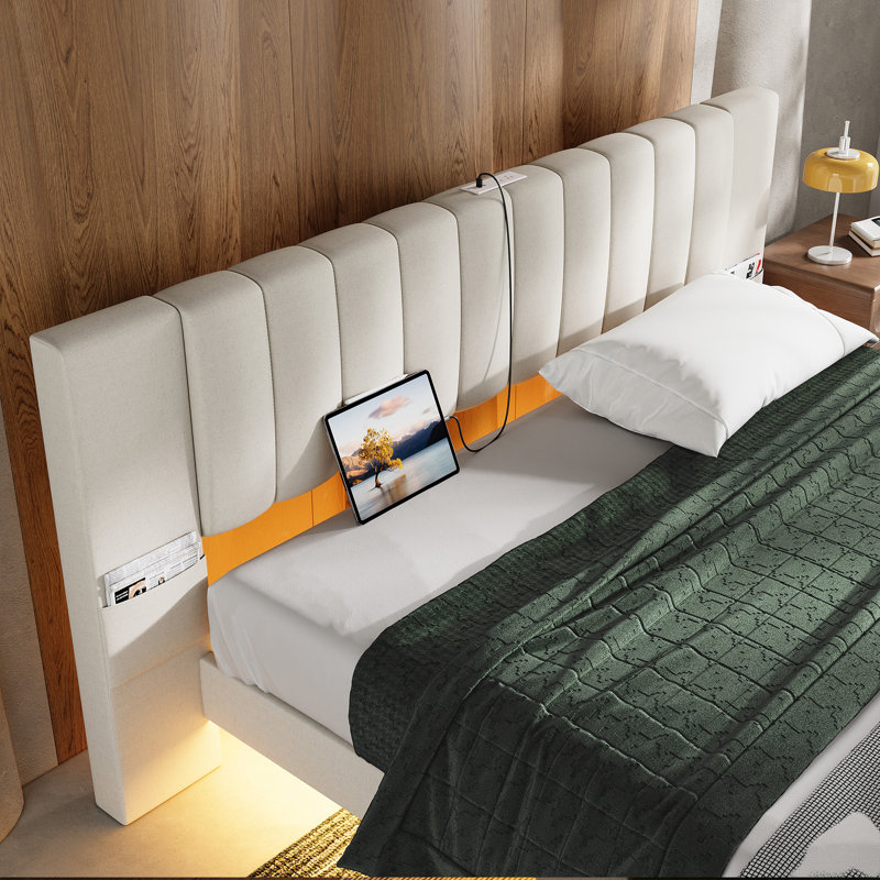 Floating Bed Frame With Wide Padded Headboard & Led Lights