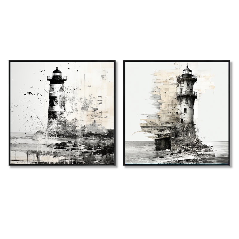 Mystérieux phare noir et blanc - ensemble de 2 carrés côtiers, Cadre flottant noir, H 16 po x l 33 po