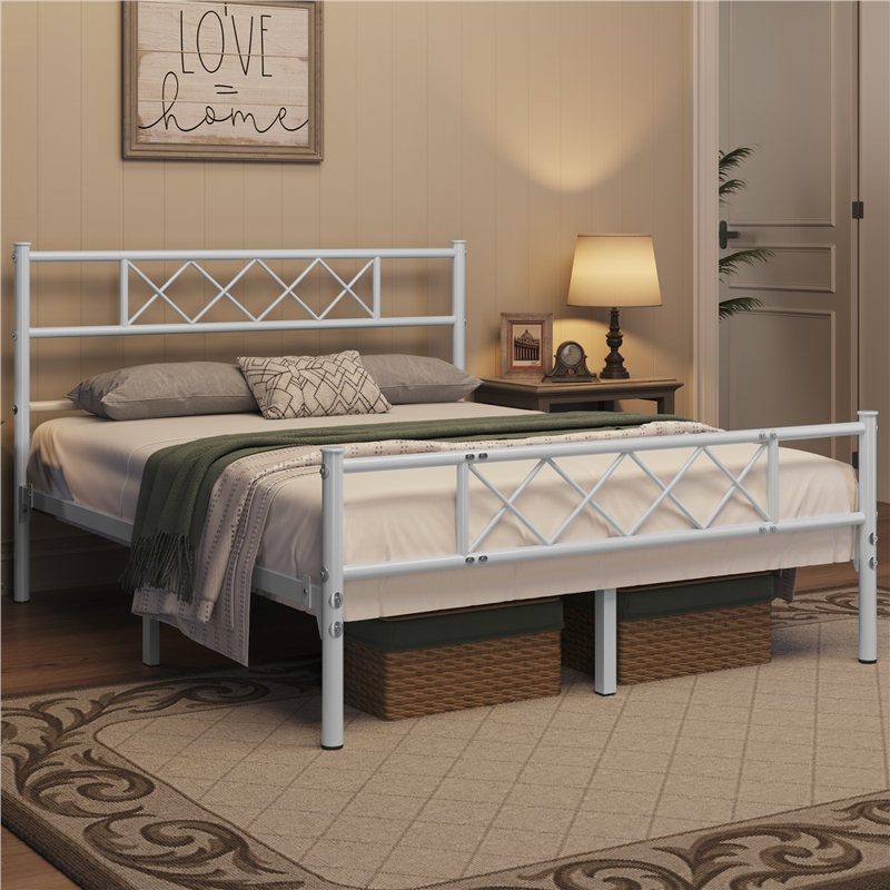Modern Metal Bed Frame with Cross-design Headboard & Footboard, Double (4'6), White