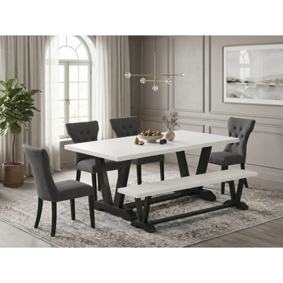 L'ensemble de table de salle à manger 6 pièces contient une table de cuisine rectangulaire avec pieds en V et 4 chaises Parson en tissu de lin Gotham foncé avec un banc, noir brossé