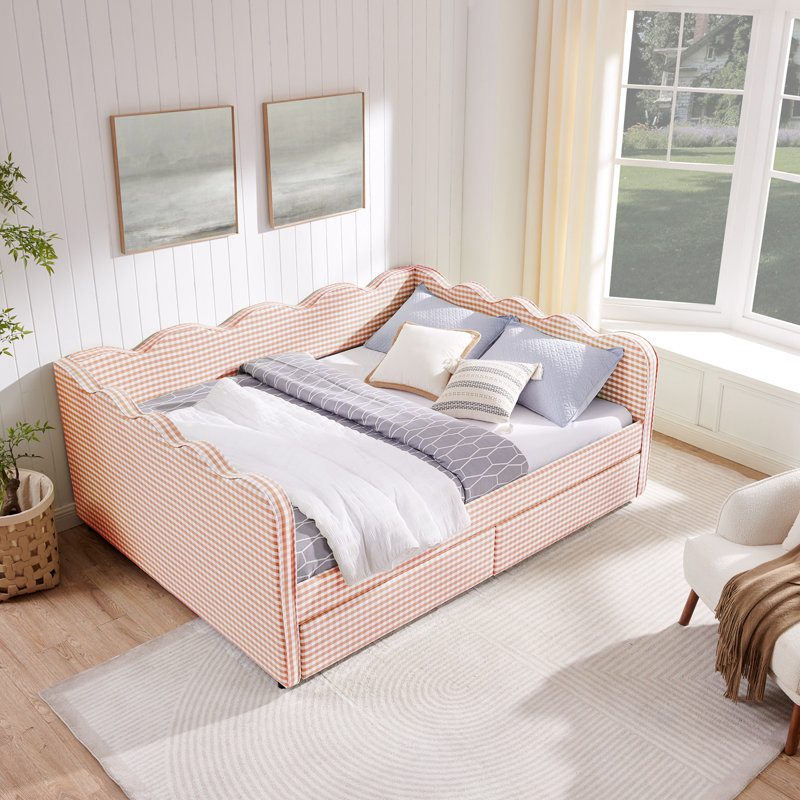 Lit de jour grand avec deux tiroirs de rangement et port USB, Rose