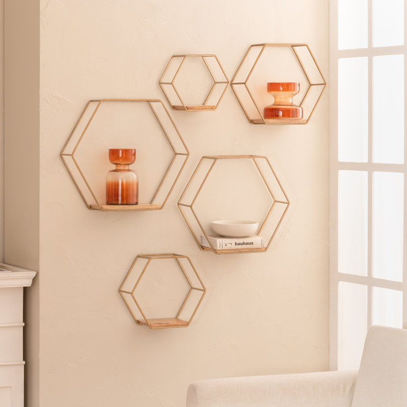 Hans Solid Wood and Iron Hexagon Accent Shelf (Set of 5), Gold