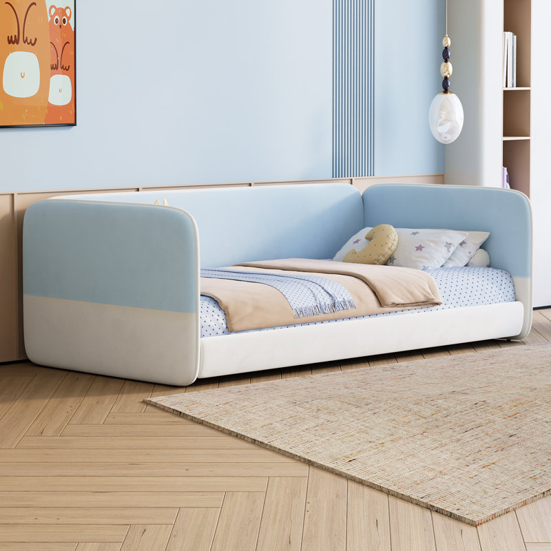 Twin Size Montessori Floor Bed with Upholstered Headboard & Armrests, Velvet Platform Bed Frame, Blue, Blue