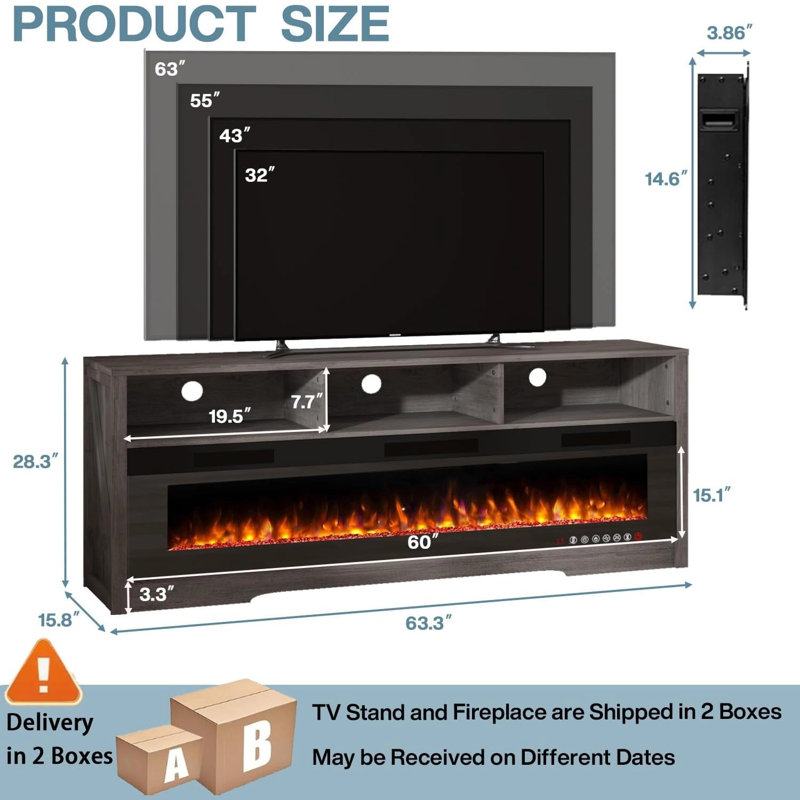Alazik TV Stand for TVs up to 75" with Fireplace Included, Grey