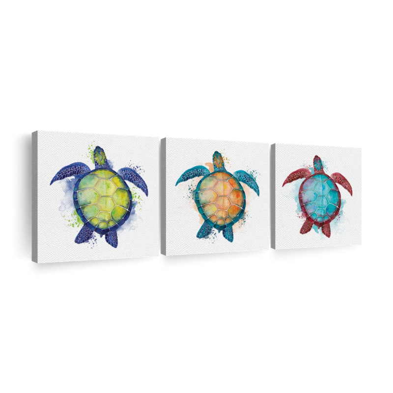 «Colorful Turtle Group Smudge», ensemble de 3 reproductions sur toile de 3 pièces par Artsy Sally