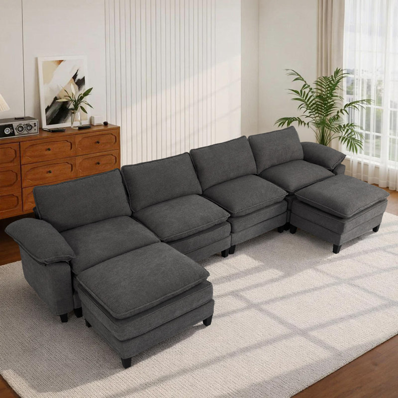 Canapé d'angle rembourré avec 2 repose-pieds, H 37,4 po x l 146,5 po x P 61 po, Gris chenille