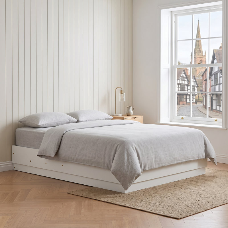 Lit plateforme moderne en bois sans tête de lit, avec sommier à gradins et rangement intégré, King, blanchi, Très grand lit