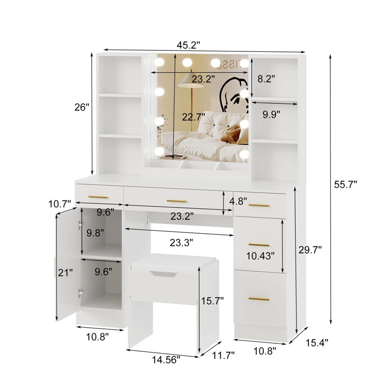 Vanity Desk With Led Lighted Mirror,Makeup Vanity With 10 Led Lights & 5 Metal Sliding Drawers, 3 Color Brightness Adjustable, Vanity Table With 6 Open Shelves, Dressing Table