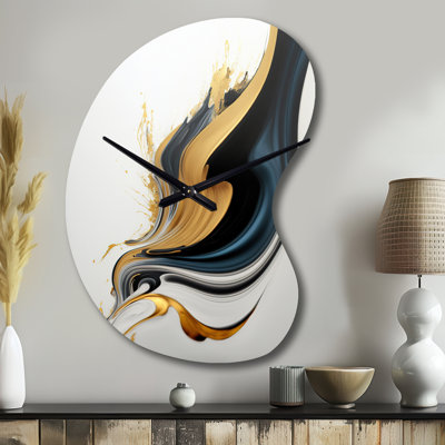 Black, White And Gold Liquid Art III - Boom Shape Decorative Black Abstract Liquid Ink Wall Clock