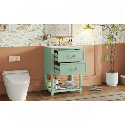 Meuble-lavabo de 24 po avec lavabo en céramique, armoire de salle de bain avec deux tiroirs à fermeture en douceur et une tablette ouverte