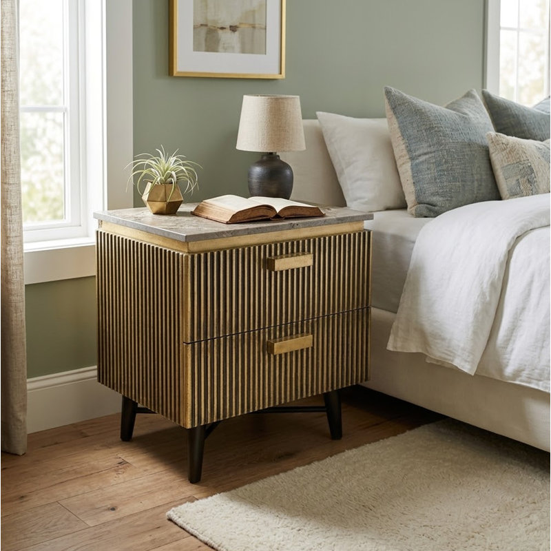 Colchester 2 Drawer Brass Bed Side with Italian Marble Top