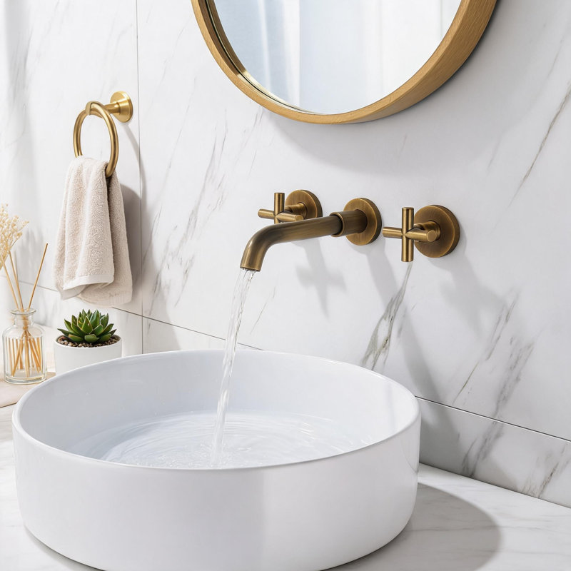Robinet de lavabo de salle de bain mural en laiton massif bronze avec deux poignées en croix