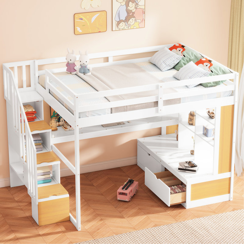 Lit mezzanine double avec bureau, tablettes, tiroirs