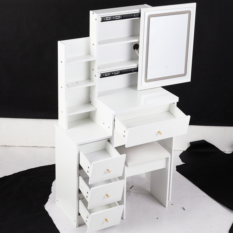 Small Size Left Bedside Vanity, Led Mirror With Touch Control & 3 Color Lights, Adjustable Brightness, Cushioned Stool, White , For Areas, American Style Compact Vanity And Stool - Lights Brightness