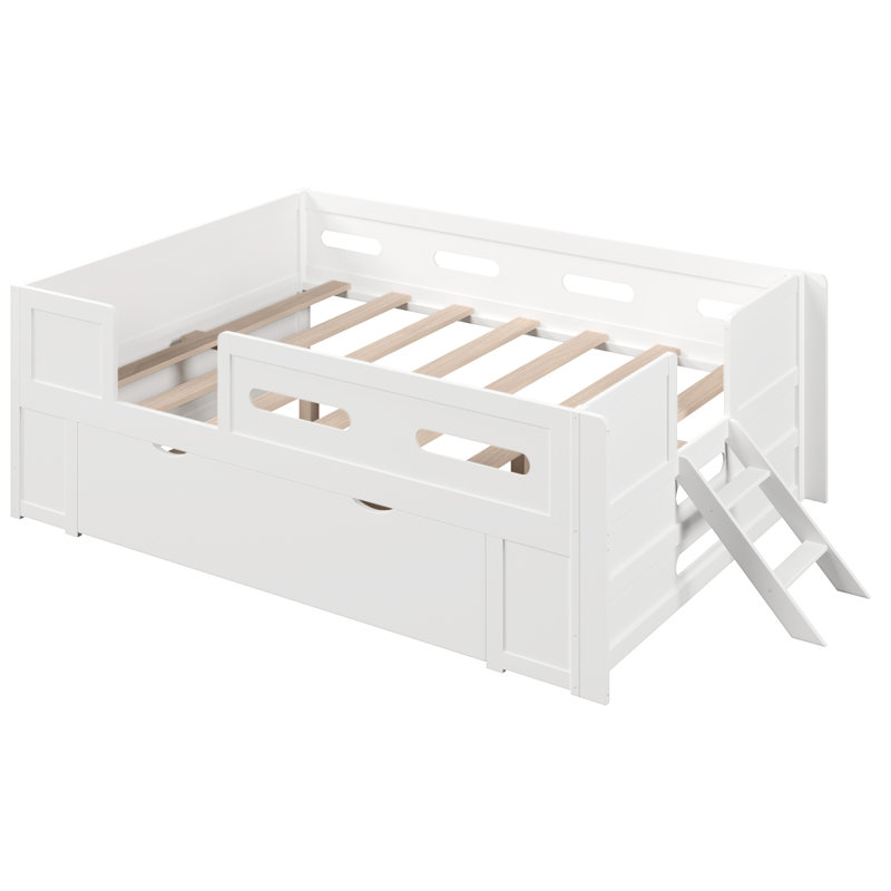 Wood Full Size Platform Bed with Guardrail and Drawer, White, Full