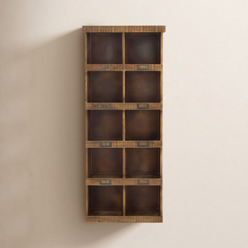 Brown Wood 10 Cubby Room Wall Shelf, 18" x 7" x 42"