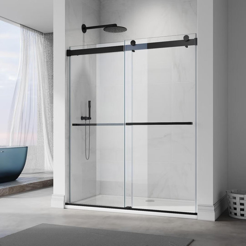 Porte de douche coulissante double sans cadre 60 po x 72 po avec verre trempé transparent de 3/8 po (10 mm), Nickel brossé