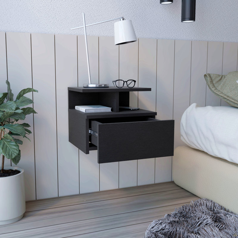 Table de chevet flottante, table de bout, tiroir de table d'appoint, tablettes ouvertes, Noir