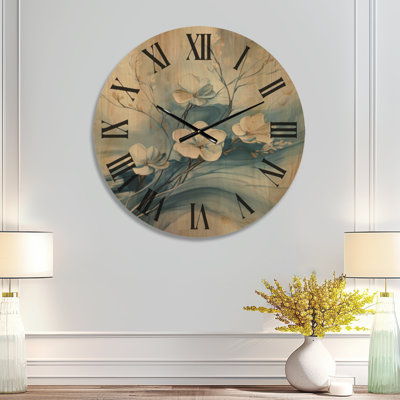 Blue Hour Blossom - Contemporary Large Wall Clock, Printed on Wood