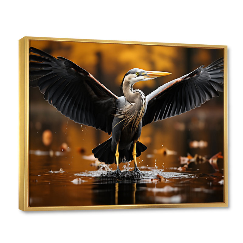 «Yellow Black Heron Elegance» dévoilé sur toile, H 30 po x l 40 po x P 1,5 po, Cadre flottant doré