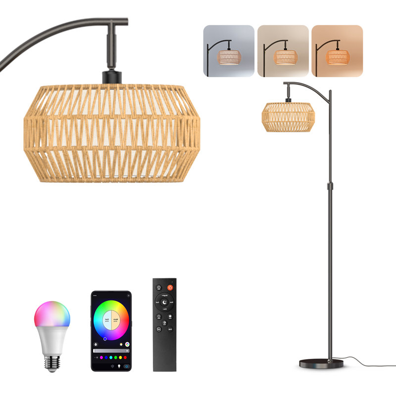 Dimmable Bohemian Floor Lamp with Remote Control, 4 CCT & RGB, Rattan Shade, Adjustable Mid-Century Modern Standing Lamp for Bedroom, Living Room, or Office