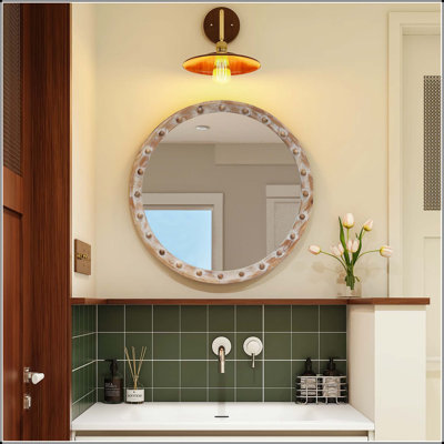 Vintage Rustic Round Wall Mirror with Distressed Wood Frame and Rivet Detail