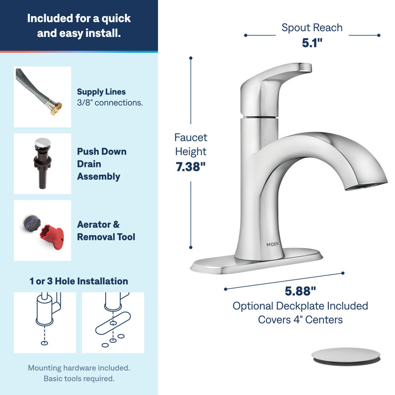 Moen Karis Single Handle Bathroom Faucet with Push Down Drain, Deckplate Included, Chrome