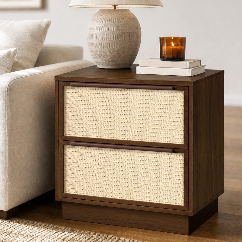 Table de chevet à 2 tiroirs en bois naturel avec façades en rotin tressé texturé - Description, Noyer foncé