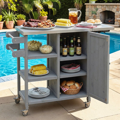 Chariot en bois pour îlot de cuisine avec plateau en acier inoxydable, table d'appoint pliable, roues verrouillables, station de préparation pour patio roulant