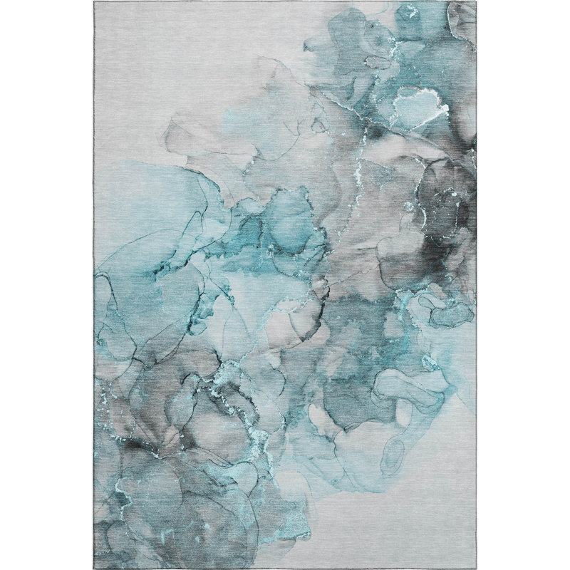 Premium Machine Washable Cerrito AMF520 Teal Rug, Rectangle 8' x 10'