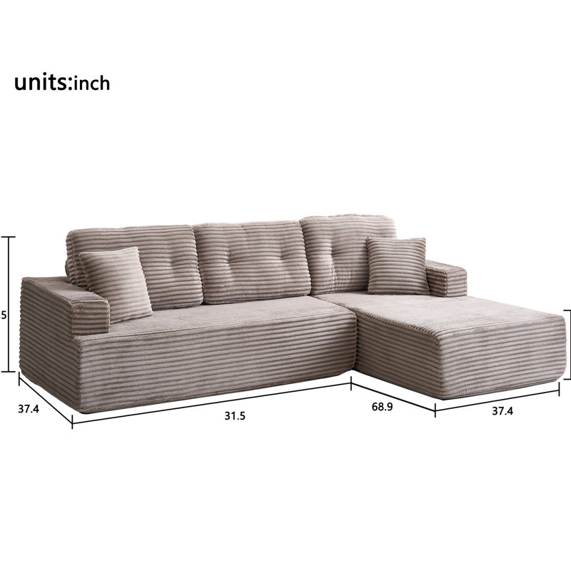 Style moderne minimaliste, méridienne orientée vers la gauche, canapé modulaire en forme de L, velours côtelé compressé, 4 sièges, brun-gris, se déplier en un lit, coussins serrés, conception à pieds sécurisés avec base suspendue, soutien