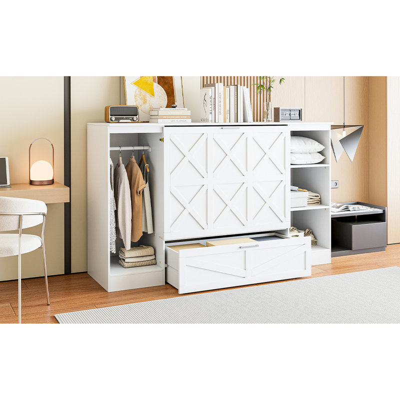 Twin Bed With Bedside Storage And Wardrobe - White, Space Option Shelf Functional Piece