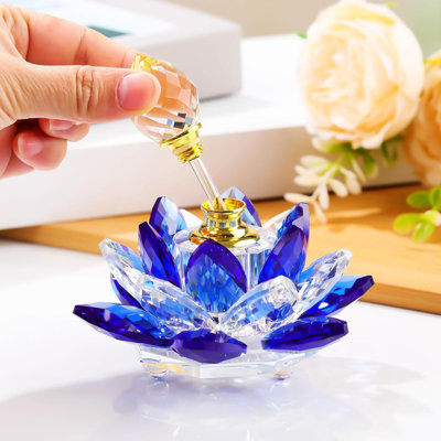 Crystal Glass Lotus Perfume Bottle, Handmade Floral Decorative Accent, Small Refillable Bottle for Bedroom Vanity and Tabletop Display