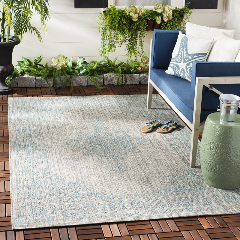 Arneshia Oriental Gray / Aqua Indoor/Outdoor Area Rug, Rectangle 6'7" x 9'6"