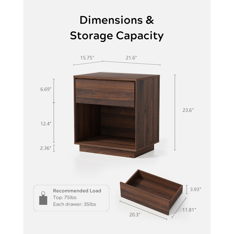 Table de chevet, table d'appoint en bois avec rangement et tablette ouverte, Ensemble de 2, Brun