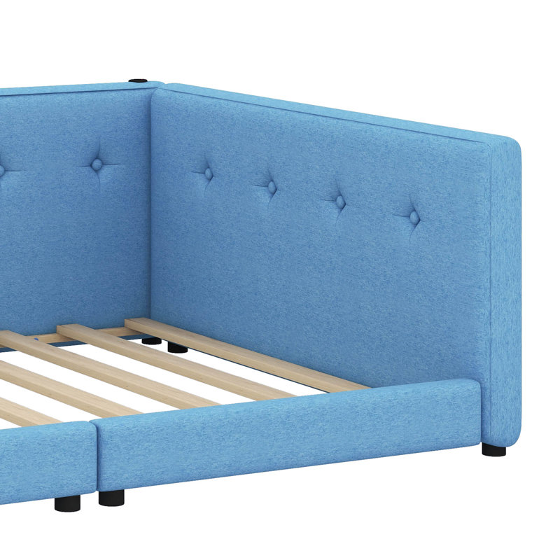 Lit plateforme tapissier avec port USB, Bleu, Grand lit