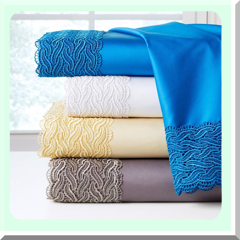 Bridal Lace Sheet Set - 300TC Combed Cotton, Oversized, Luxurious Bedding for Wedding, Soft and Elegant Decor, Blue