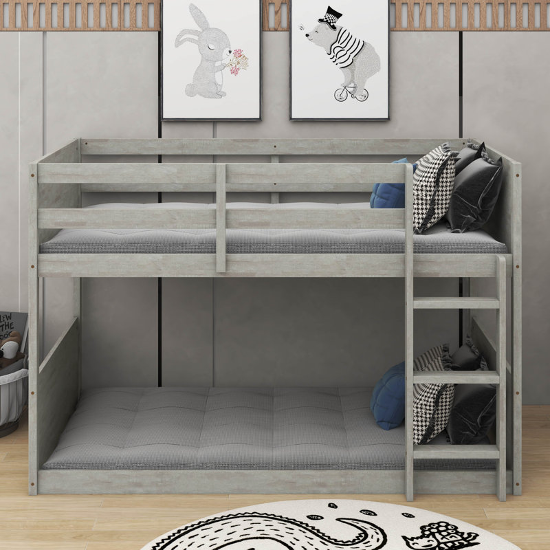 Twin Over Twin Floor Bunk Bed With Panelled Headboard And Footboard, Solid Rubber Wood Foundation With Safety Guardrails, Built-In Ladder