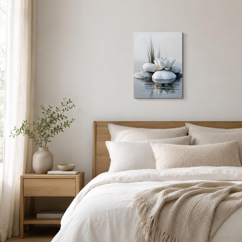 Zen Bathroom Canvas Wall Art Calm Botanical Poster Print Picture White Lotus Meditation Wall Decor for Bathroom Meditation Room Yoga Spa Ready to Hang