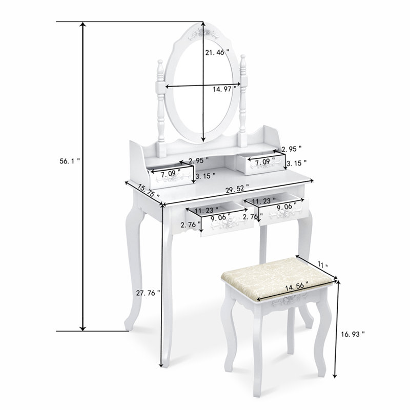 Ensemble de coiffeuse en bois massif avec tabouret et miroir Scott, Blanc